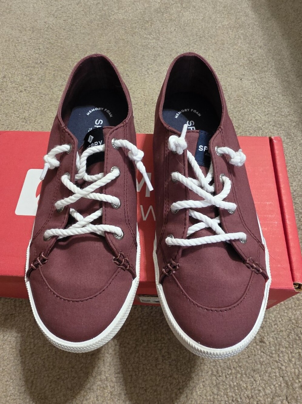 Sperry Burgundy Canvas Boat Shoe with White Rope Laces
